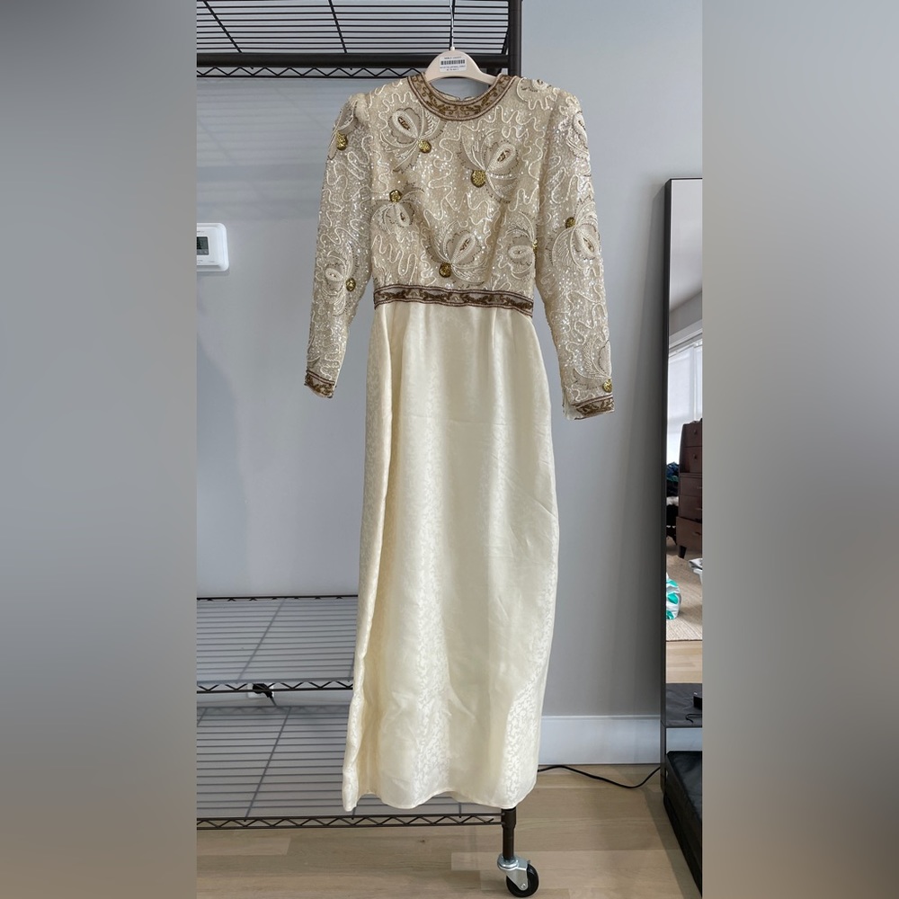 Gorgeous long sleeve ivory and gold beaded vintage evening gown bridal wedding